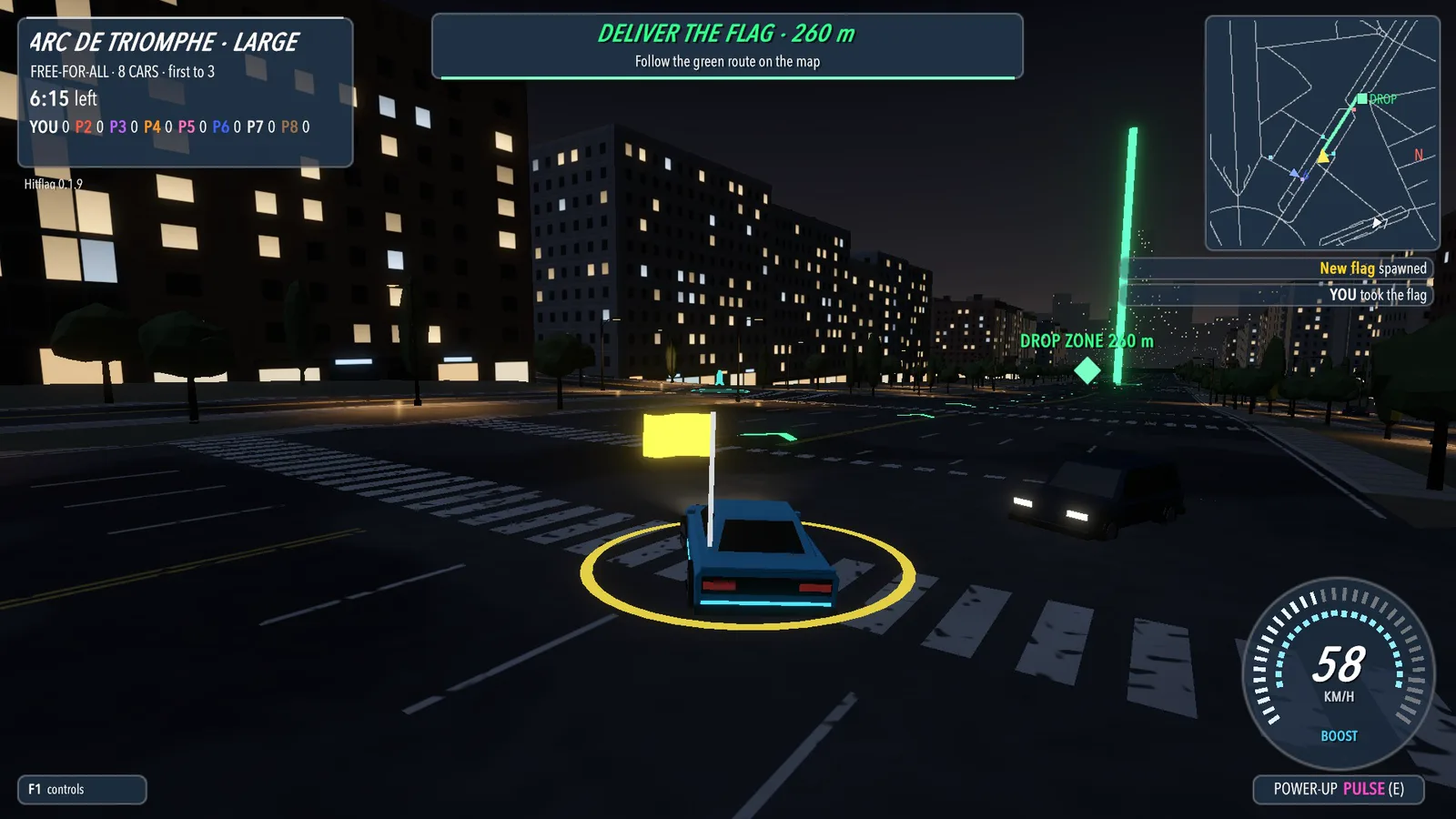 The Arc de Triomphe's avenues in the City Night style: a car carries the flag toward the green beam of the drop zone, lit apartment blocks on both sides.