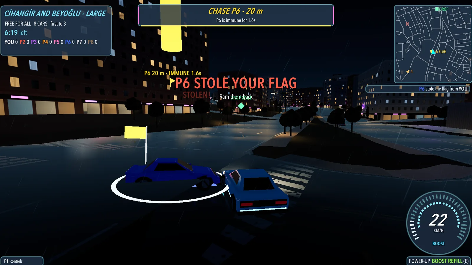 Hitflag in the Rain Noir style: on a wet Beyoğlu junction at night, one car rams another and takes the yellow flag, a white immunity ring around it and the words P6 stole your flag.