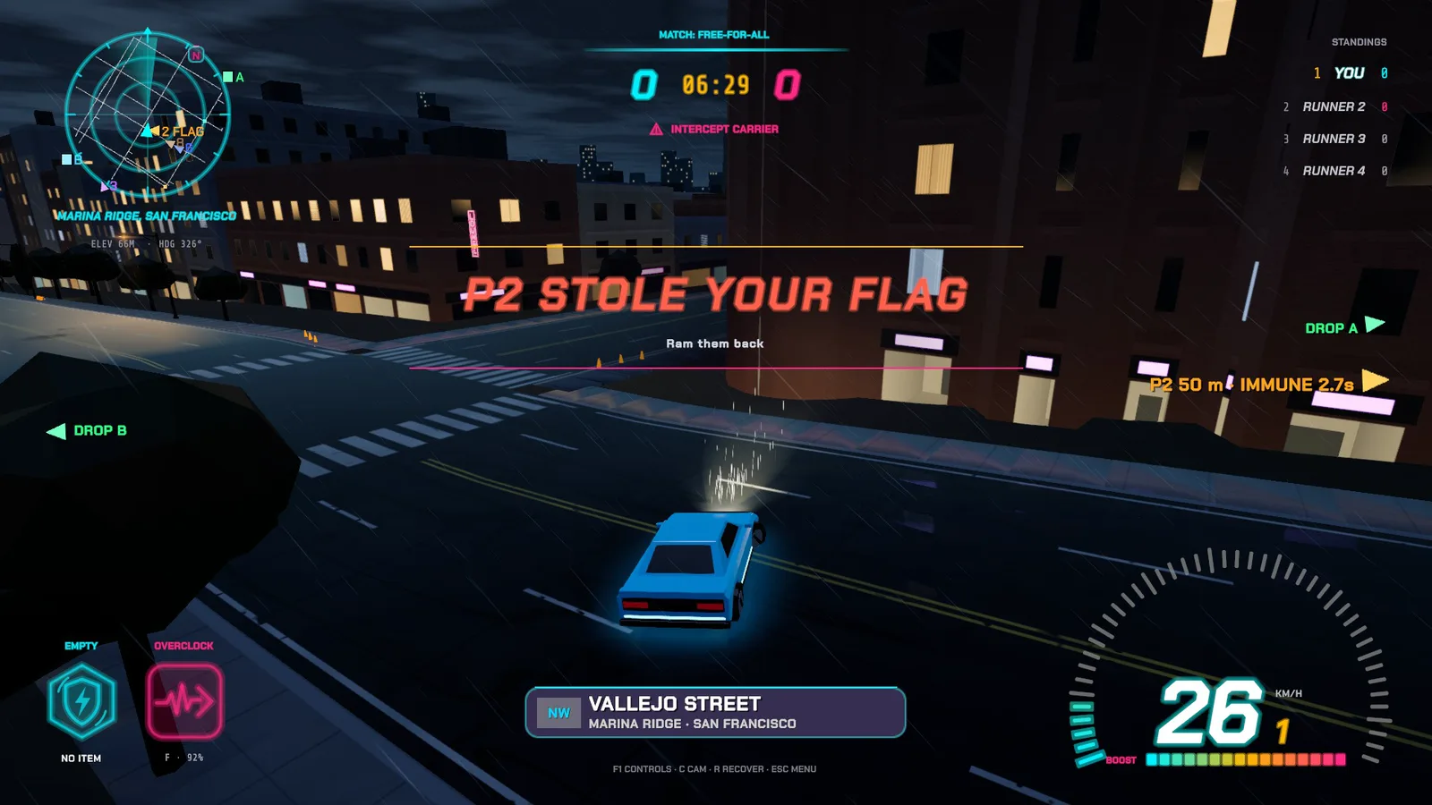 Marina Ridge in the Rain Noir style: the player's car on wet Vallejo Street at night, the words P2 stole your flag above.