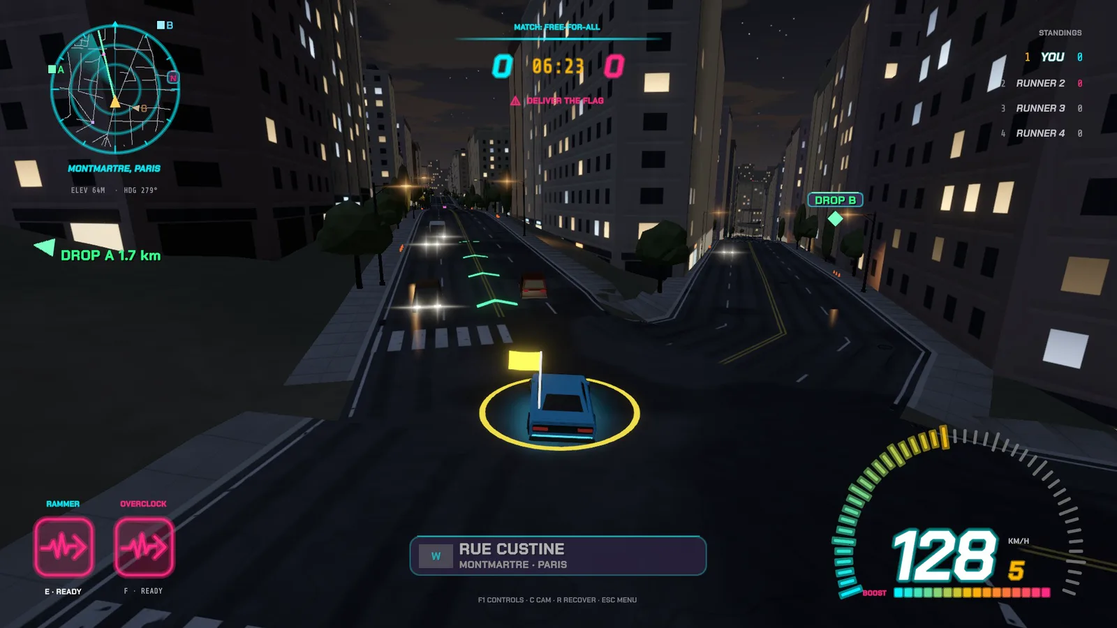Montmartre in the City Night style: the player's car carries the yellow flag downhill on Rue Custine at 128 km/h between lit apartment blocks.