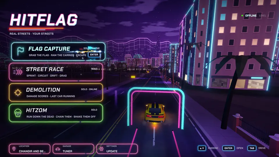 The main menu's four neon mode cards over a night street, the yellow car driving out through a neon gate.