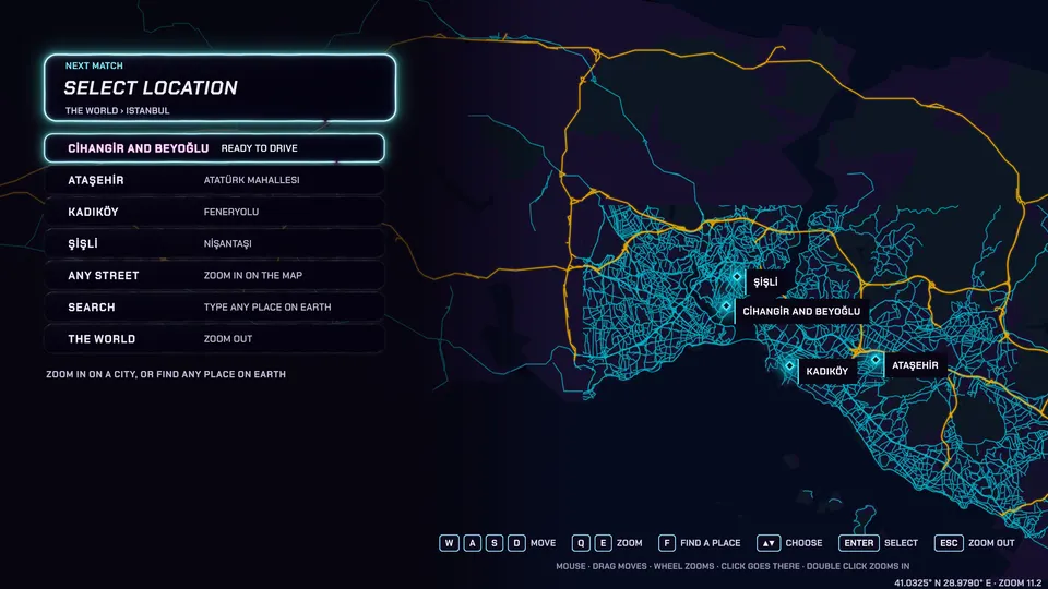 The game's world map over Istanbul: the catalog's places lit in cyan on the city's streets, a list of districts beside it.