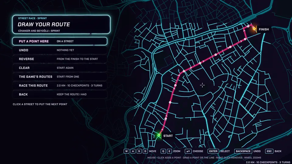 The route editor: a pink race route drawn over Beyoğlu's streets from START to FINISH, with checkpoints and its length.