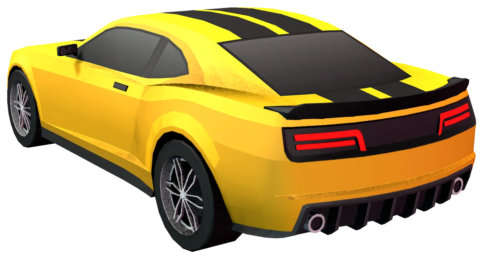 Hitflag's car, a yellow muscle car with black stripes, seen from behind with its tail lights on.
