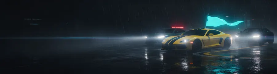 Flag Capture: the yellow car carrying a cyan flag through the rain.