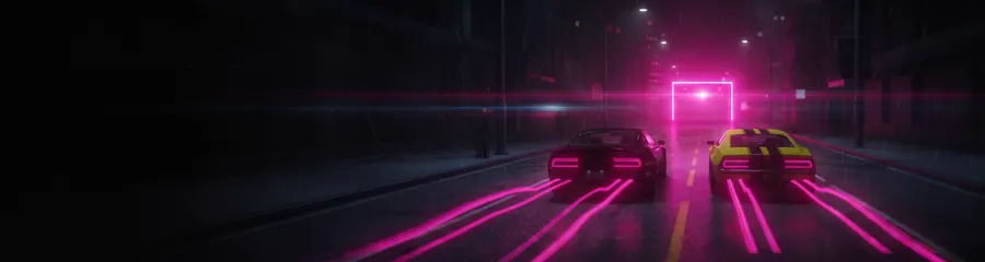 Street Race: two cars side by side under a magenta checkpoint arch.