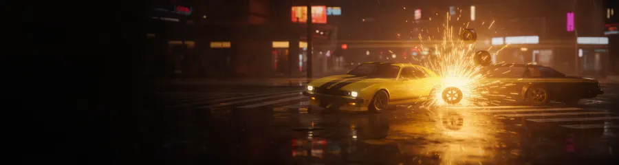 Demolition: the yellow car striking another in a burst of sparks.