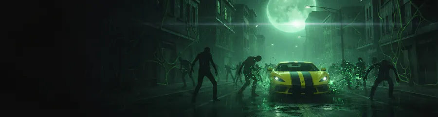 Hitzom: the yellow car on a green-lit street full of the dead.